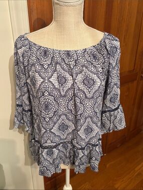 Boho Peasant Top - Blue & White Printed Women's Blouse